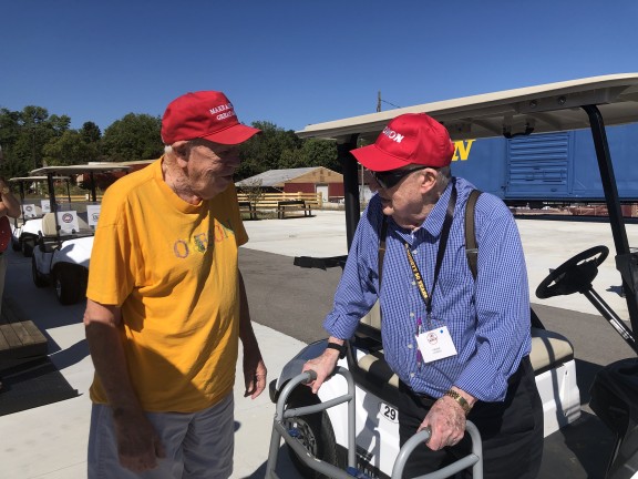 Bob Schultz (left) and Frank Van Bree (right), both former employees of the Monon, enjoy reminiscing about the years they spent working on the railroad.