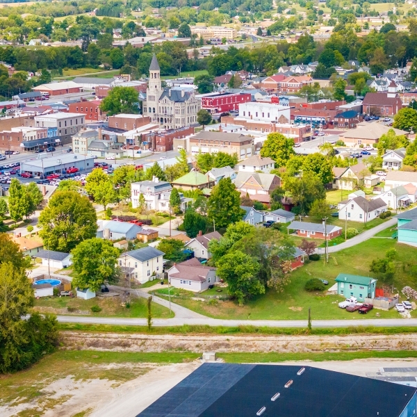 Aerial of downtown shops